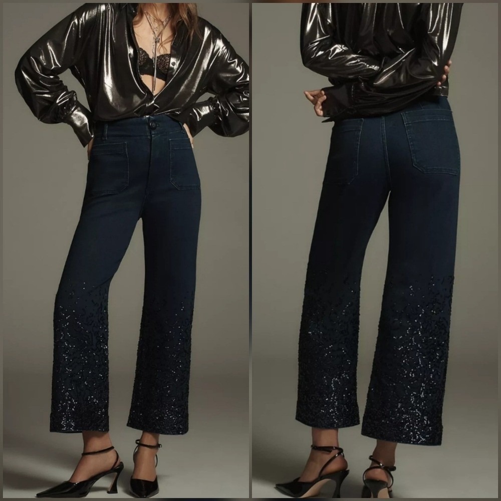 Anthrpologie NEW Maeve The Colette Cropped High-Rise Wide-Leg Sequin Jeans SZ 30
